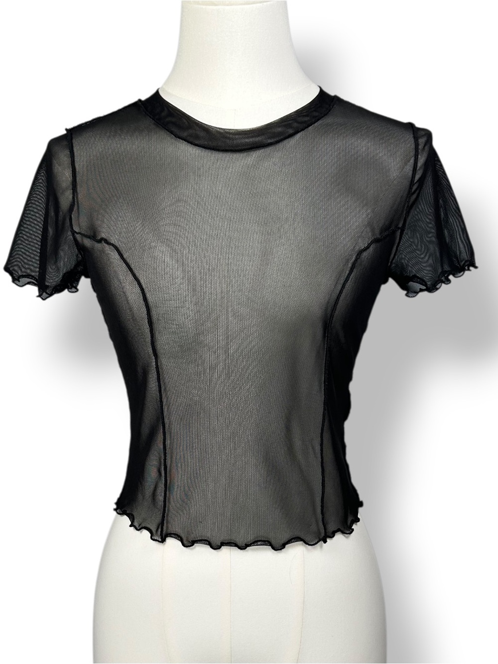 4/$20 Urban Outfitters Black Sheer Mesh Lettuce Edge Crop Top Size Medium